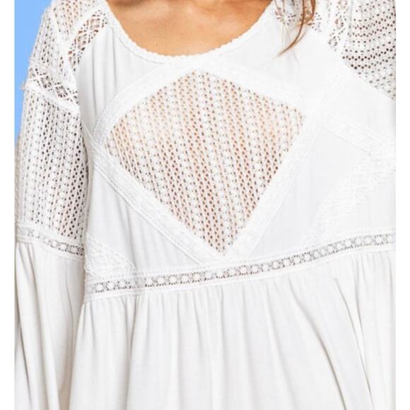 POL Boho Bohemian Oatmeal Long Sleeve Crochet Detail Babydoll Dress Small New - Picture 3 of 8